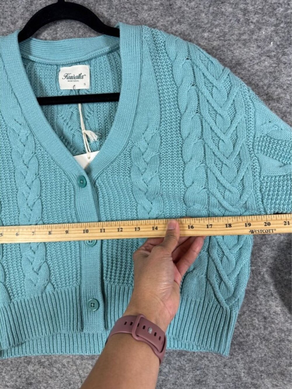 Kuwalla Cable Knit Cropped Buttoned Cardigan Sweater Teal Cozy Boho Size S Relax - Picture 8 of 13